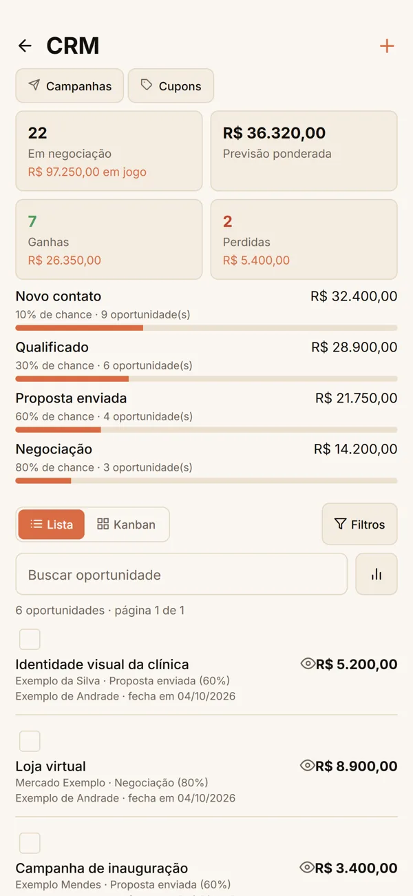 Tela do aplicativo: Funil de vendas